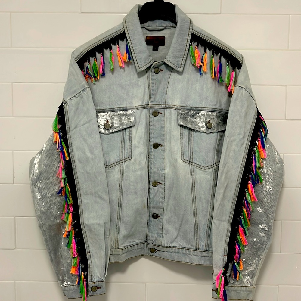 Vintage ASOS design fringe light blue denim jacket